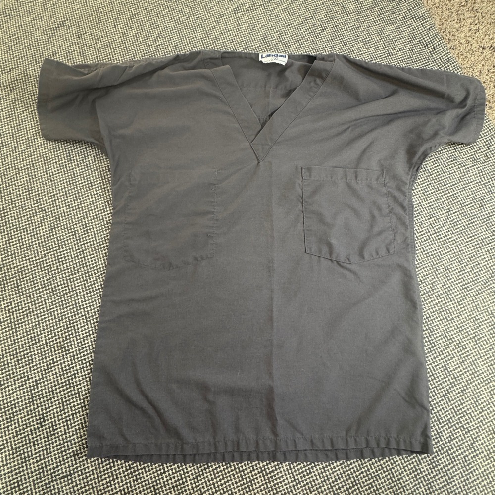 Landau Gray V-Neck Scrub Top Short Sleeve Medical Uniform Chest Pocket Size M